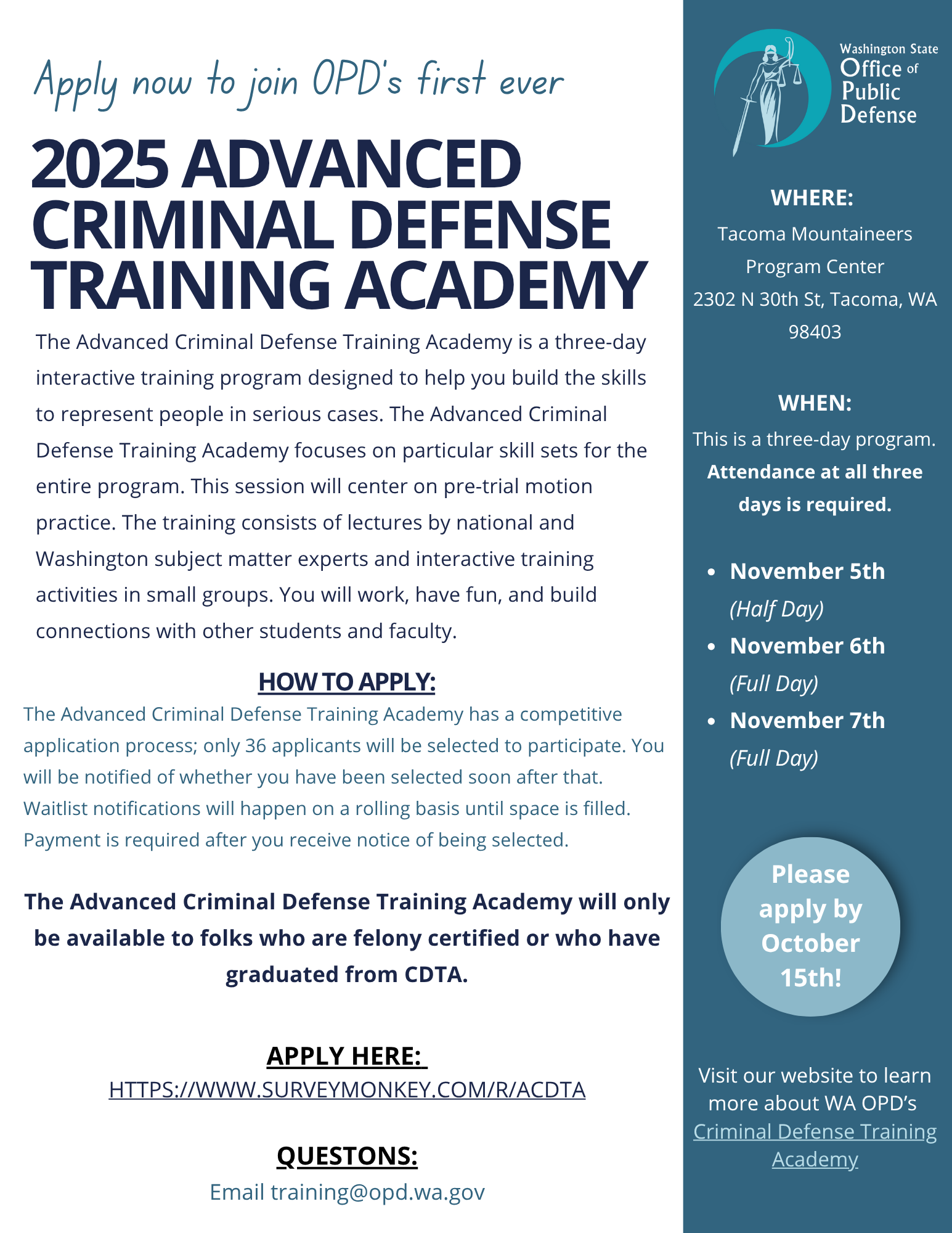 Flyer for Advanced Criminal Defense Training Academy